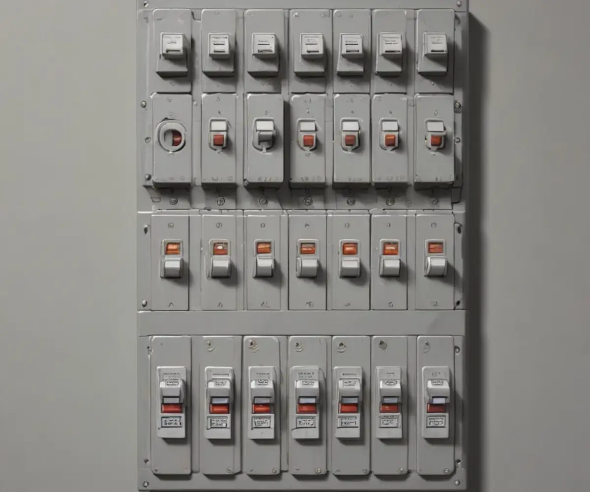 A new gray metal residential electrical circuit breaker box with numerous switches installed on a plain wall.