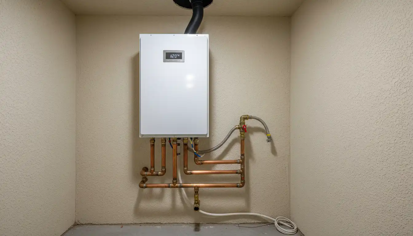 A new gas tankless water heater installed on a wall with copper and flexible gas pipes connected.