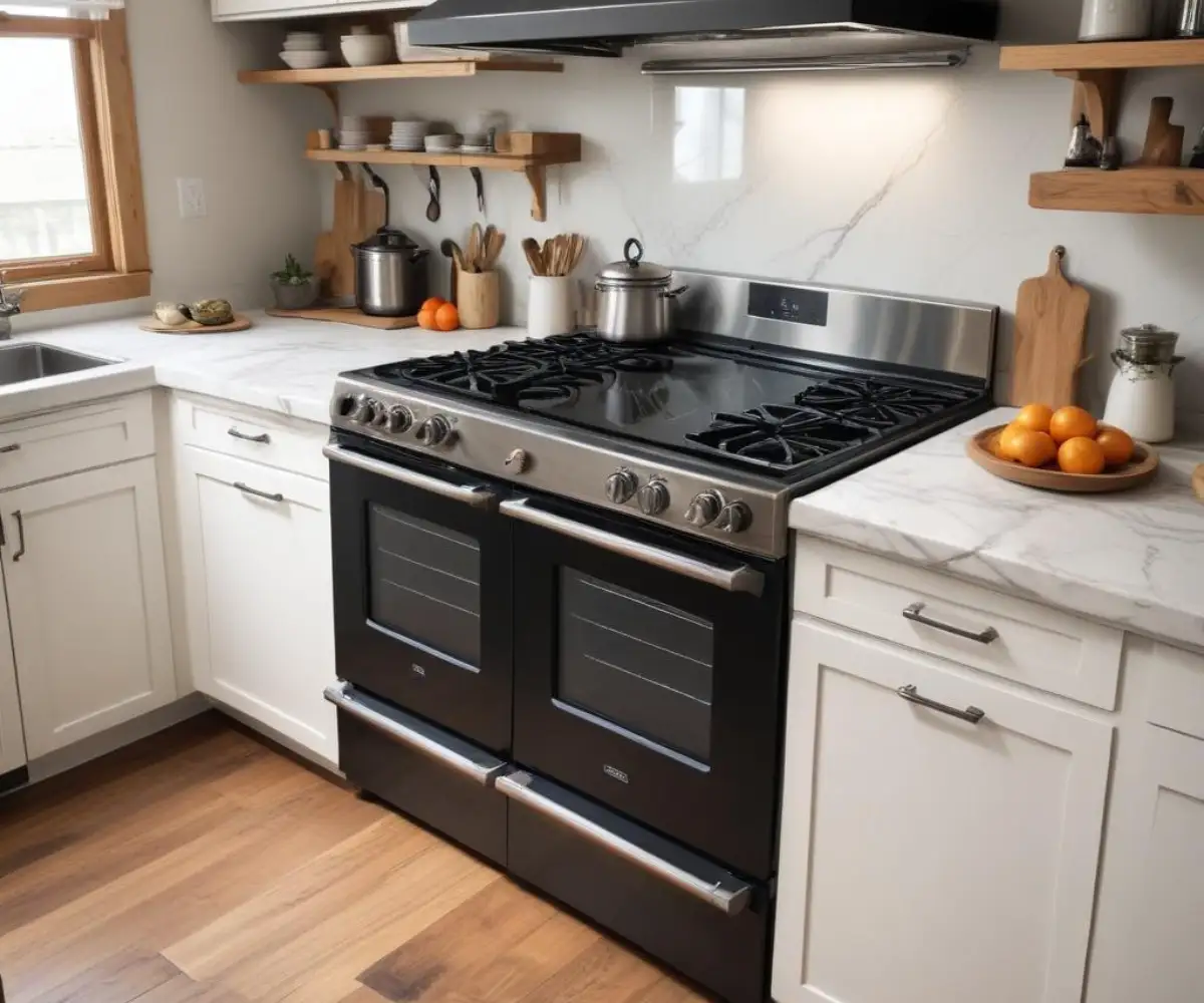 A modern kitchen with a sleek, black glass-top electric stove installed in a white countertop next to stainless steel appliances.