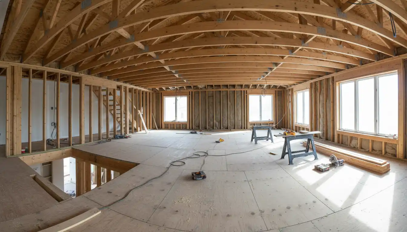 An unfinished second-floor room addition with exposed structural support beams and newly installed subflooring.