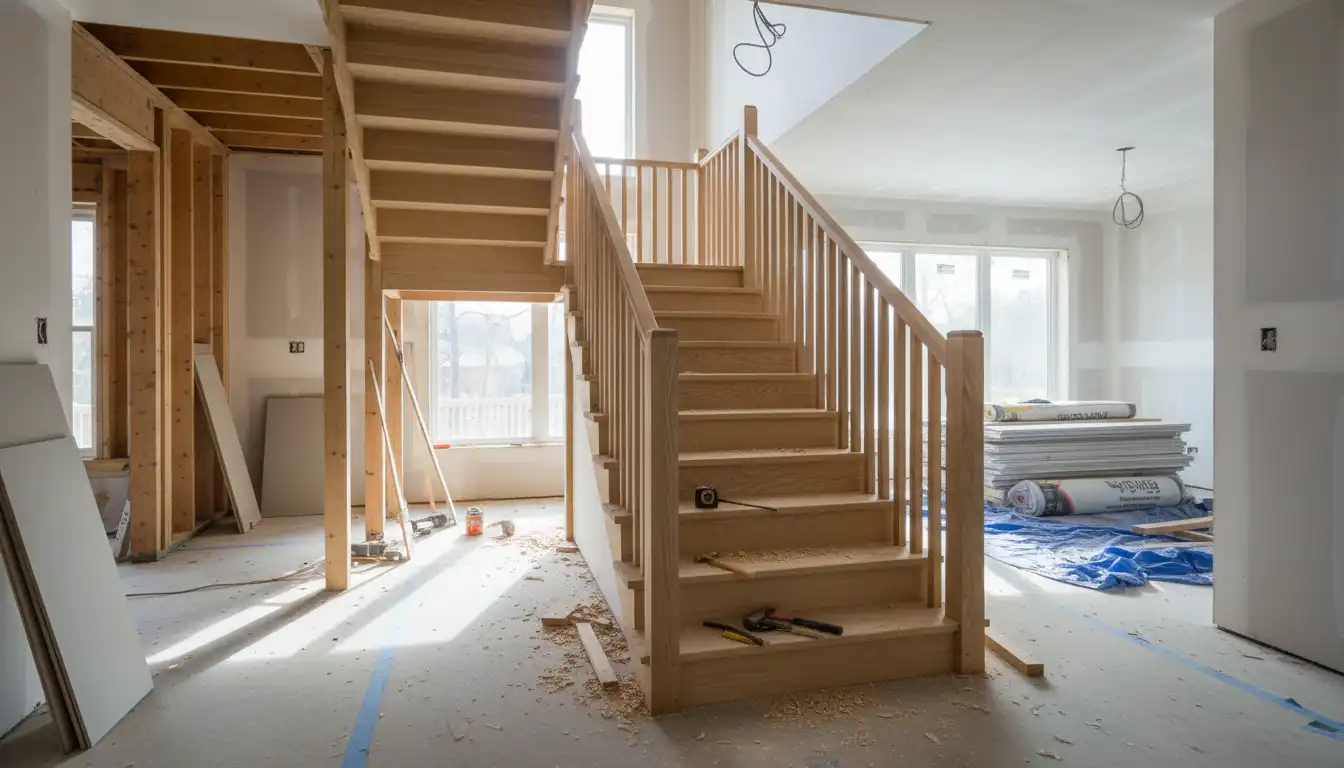 A newly constructed wooden staircase in a home under renovation.