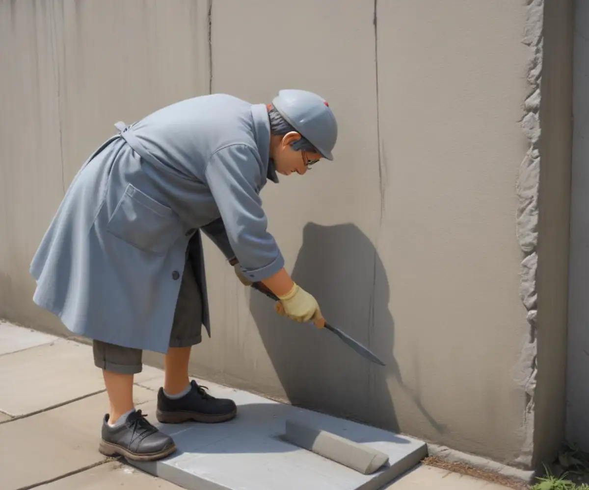 A smooth, grey parge coat being applied with a trowel to a rough concrete block foundation wall.
