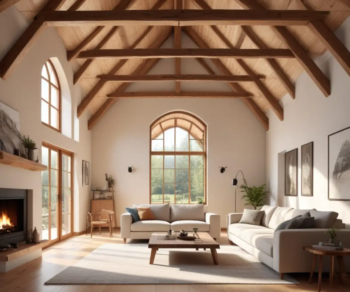 Spacious living room with vaulted high ceilings and exposed wooden structural beams.