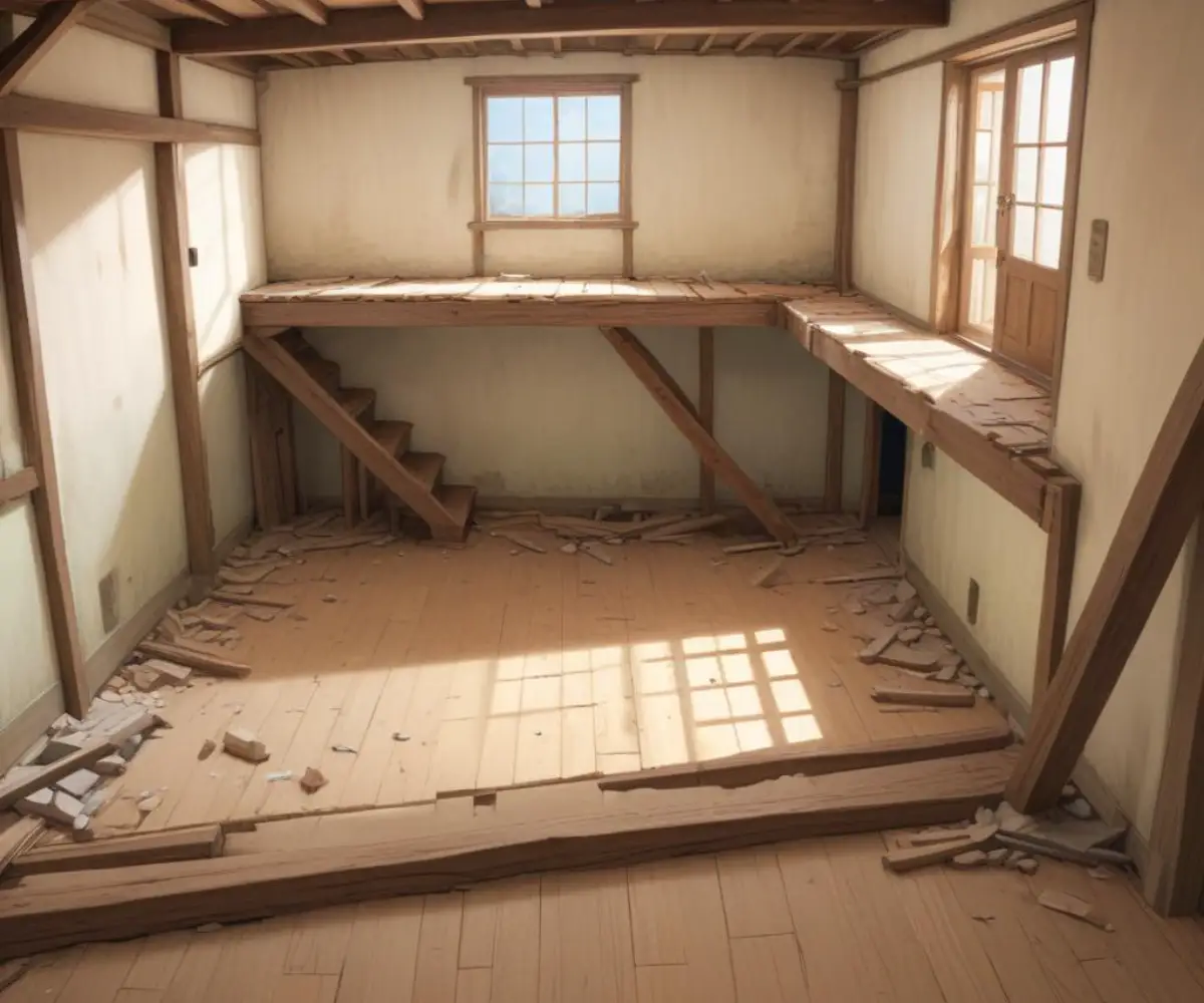 An empty, unfinished room showing a large opening in the floor where a staircase was removed, with exposed wooden support beams.