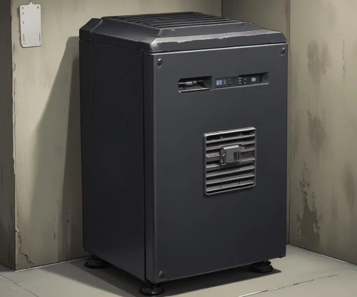 Close-up of a new black refrigerator compressor unit resting on a concrete floor.