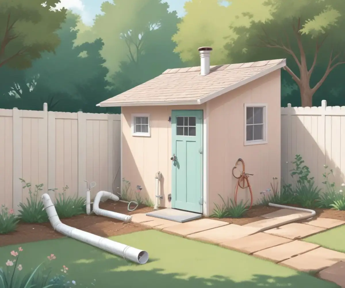 PVC pipes and trench for new plumbing installation leading to a backyard storage shed.