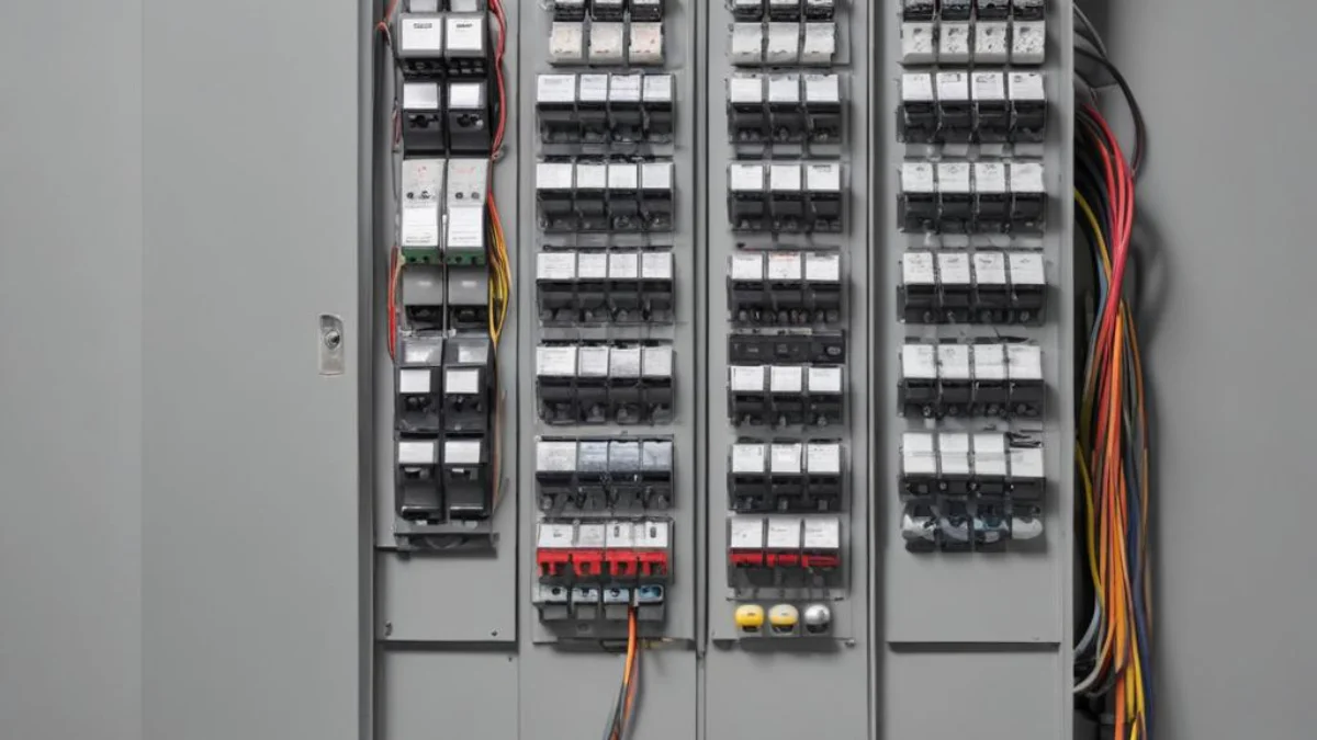 A modern 200-amp electrical panel with neatly organized wiring and circuit breakers mounted on a grey wall.