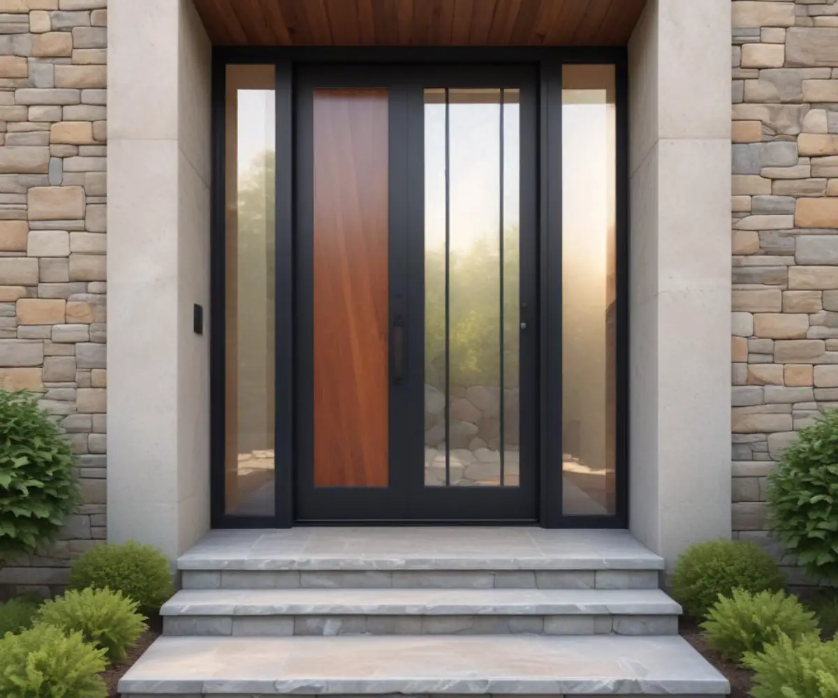 A wide, modern front door with vertical glass panels, set into a natural stone exterior wall.