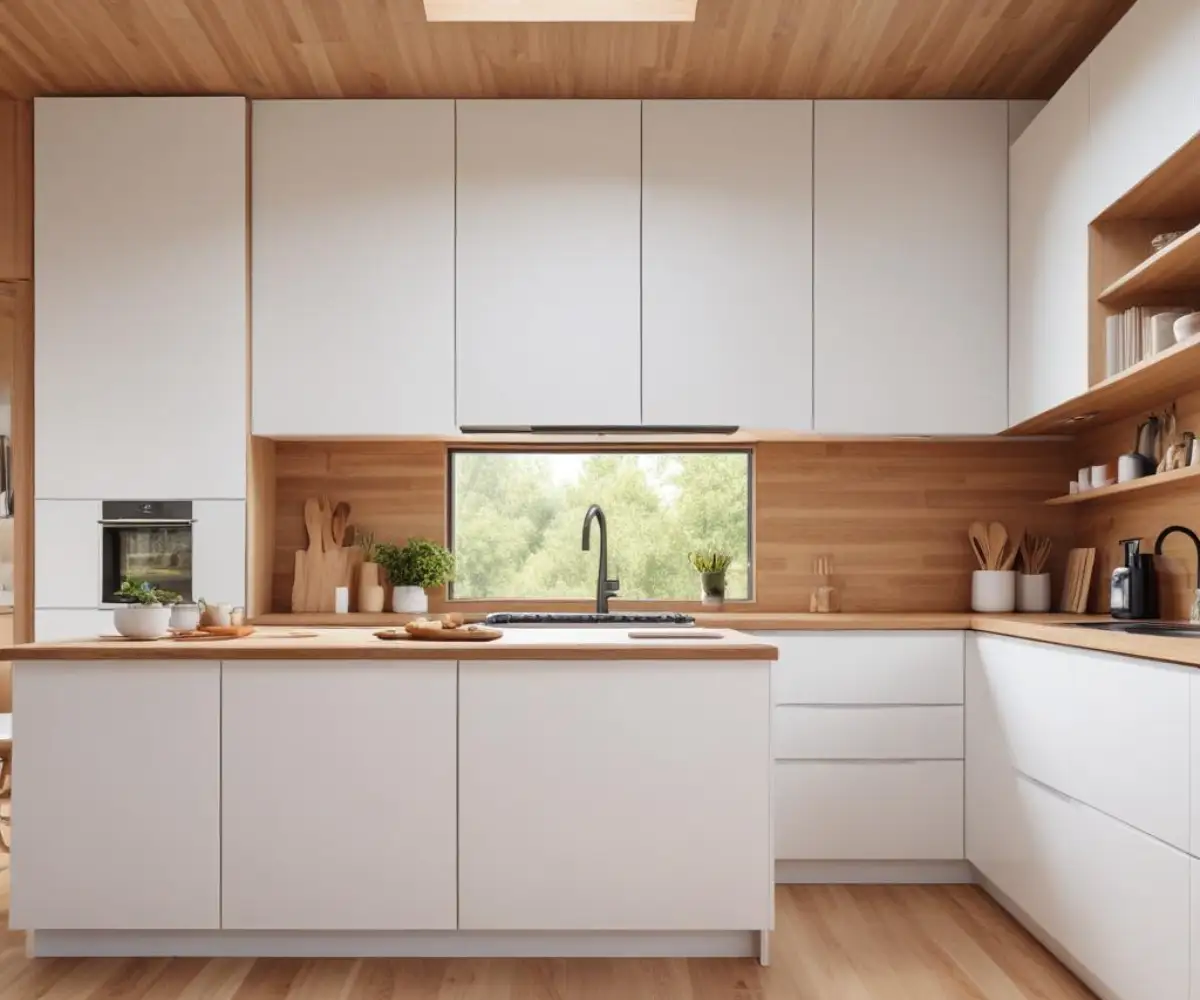 A split-view of a modern kitchen with sleek white cabinets on one side and warm, light-wood cabinets on the other.