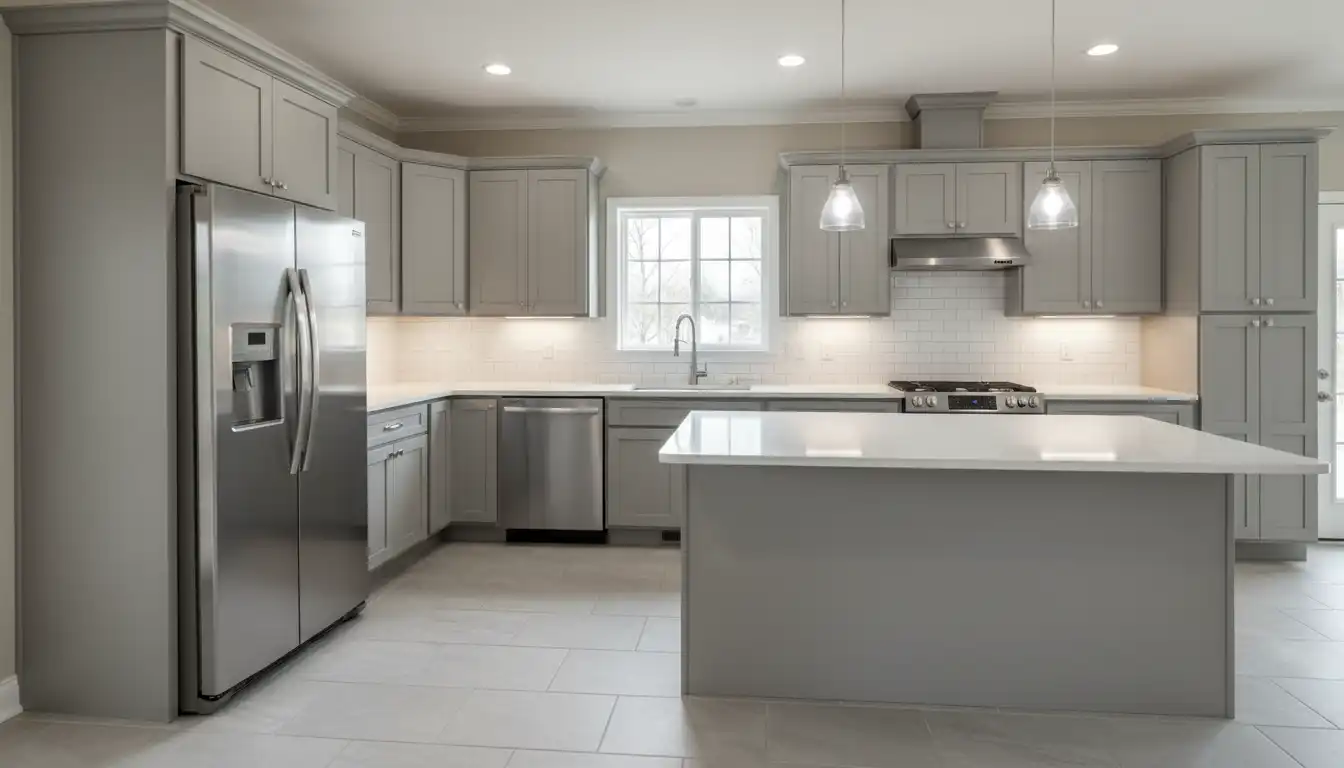 Newly remodeled kitchen with stainless steel appliances and grey shaker cabinets.