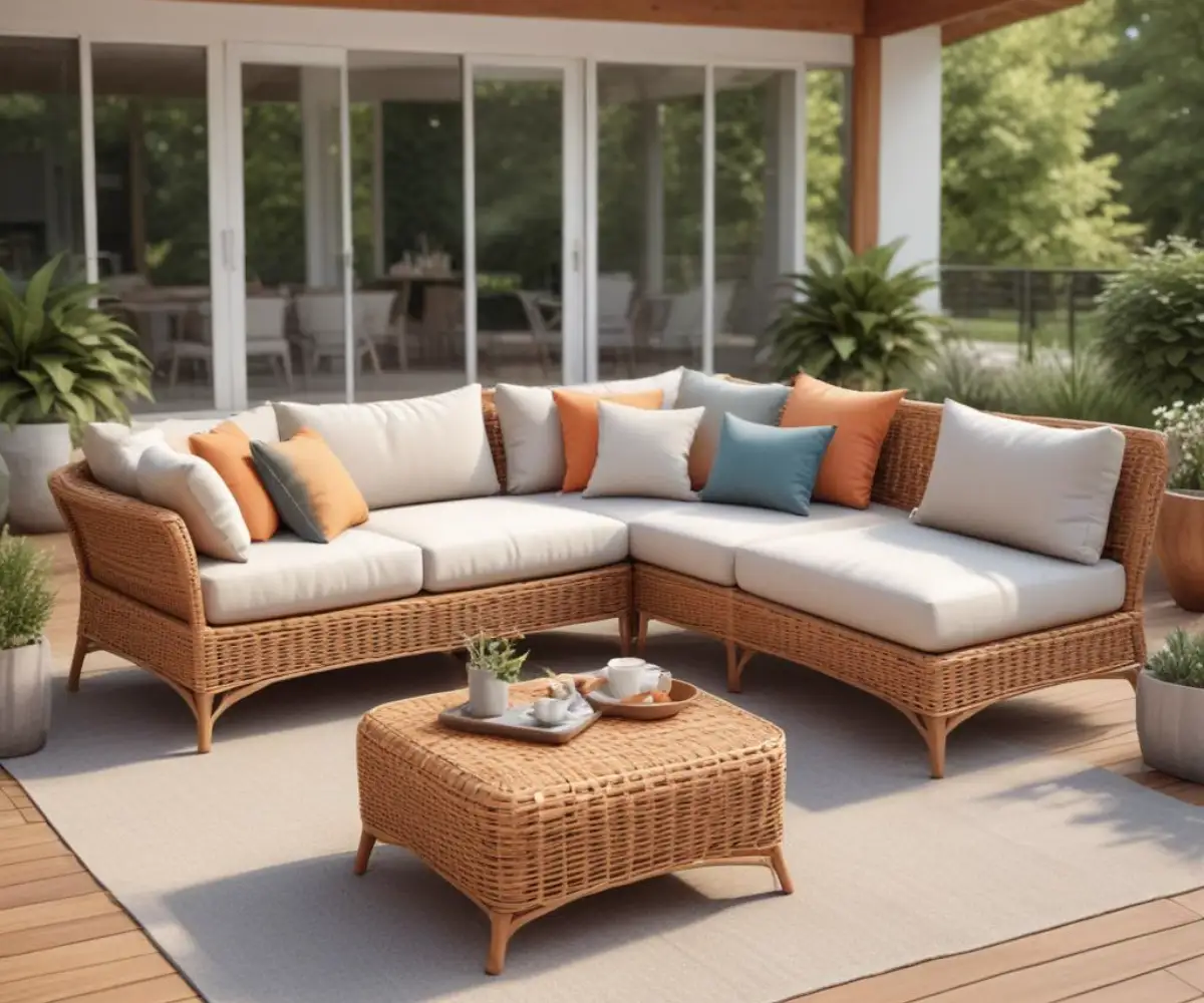 A modern wicker patio furniture set with comfortable cushions on an outdoor deck
