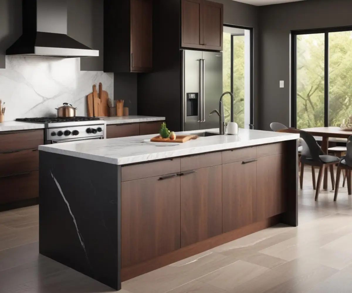 A modern kitchen island with a white marble countertop installed perfectly flush with the dark wood cabinet base for a seamless look.