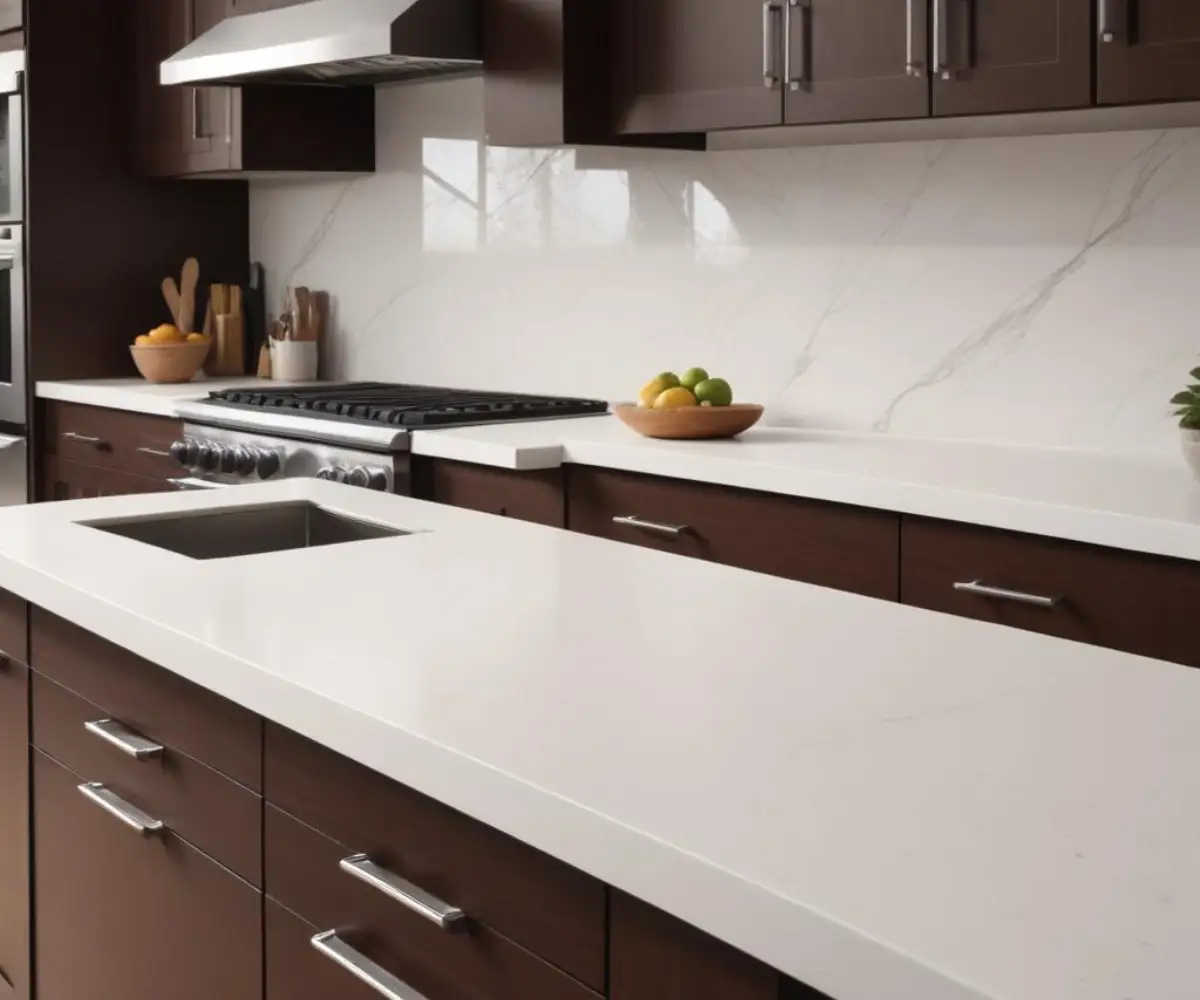 A close-up view of a white quartz countertop with a precise cutout for a slide-in range, positioned between dark wood kitchen cabinets.