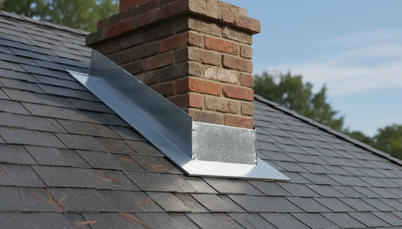 Metal cover flashing installed on a residential roofline where the sloped roof meets a brick chimney.