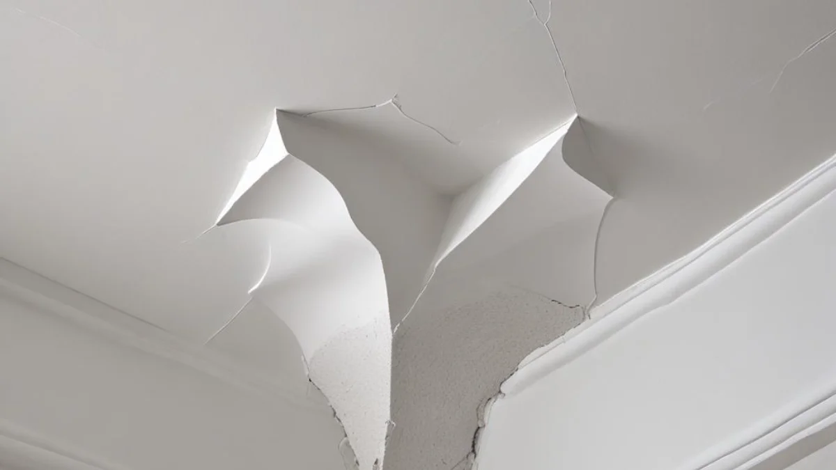 Close-up of fine, spiderweb-like cracks spreading across a white plaster ceiling, originating from a corner near a plain, flush-mounted light fixture.