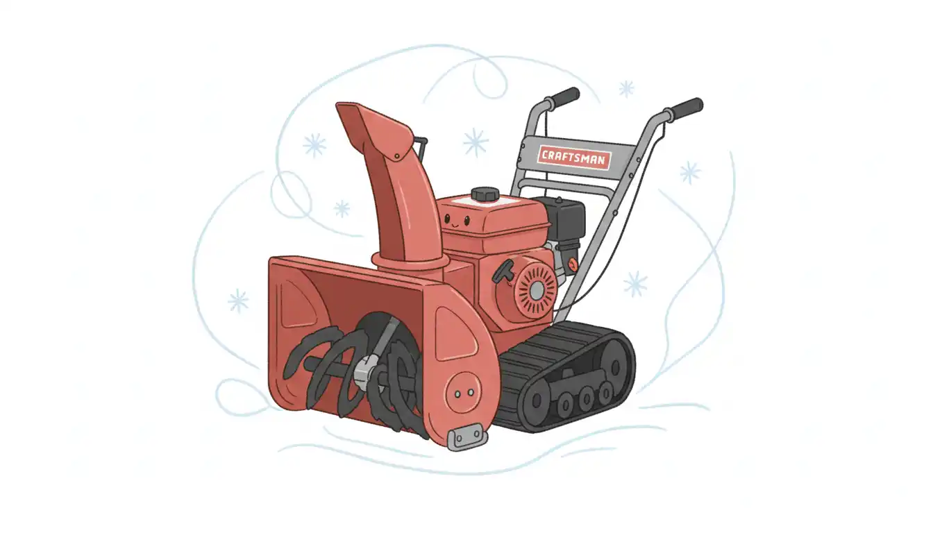 A red Craftsman track drive snowblower with a twenty-six inch auger housing on a flat, snowy surface.