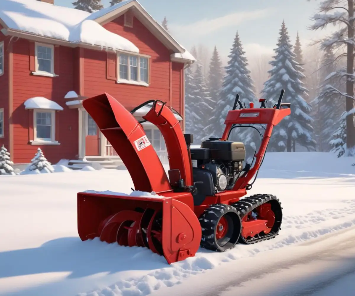 A red Craftsman two-stage snowblower with a 28-inch clearing width on a snowy driveway.