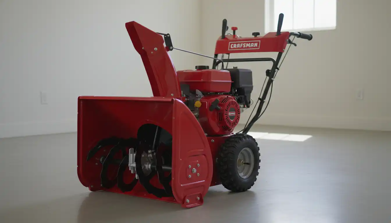 Red Craftsman two-stage snowblower on a clean, light-colored surface.