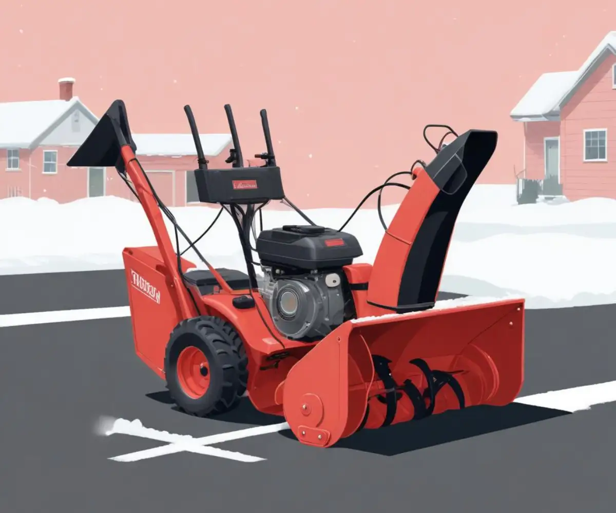 A red Craftsman Eager-1 two-stage snowblower with a black chute and handlebars, parked on a paved surface.