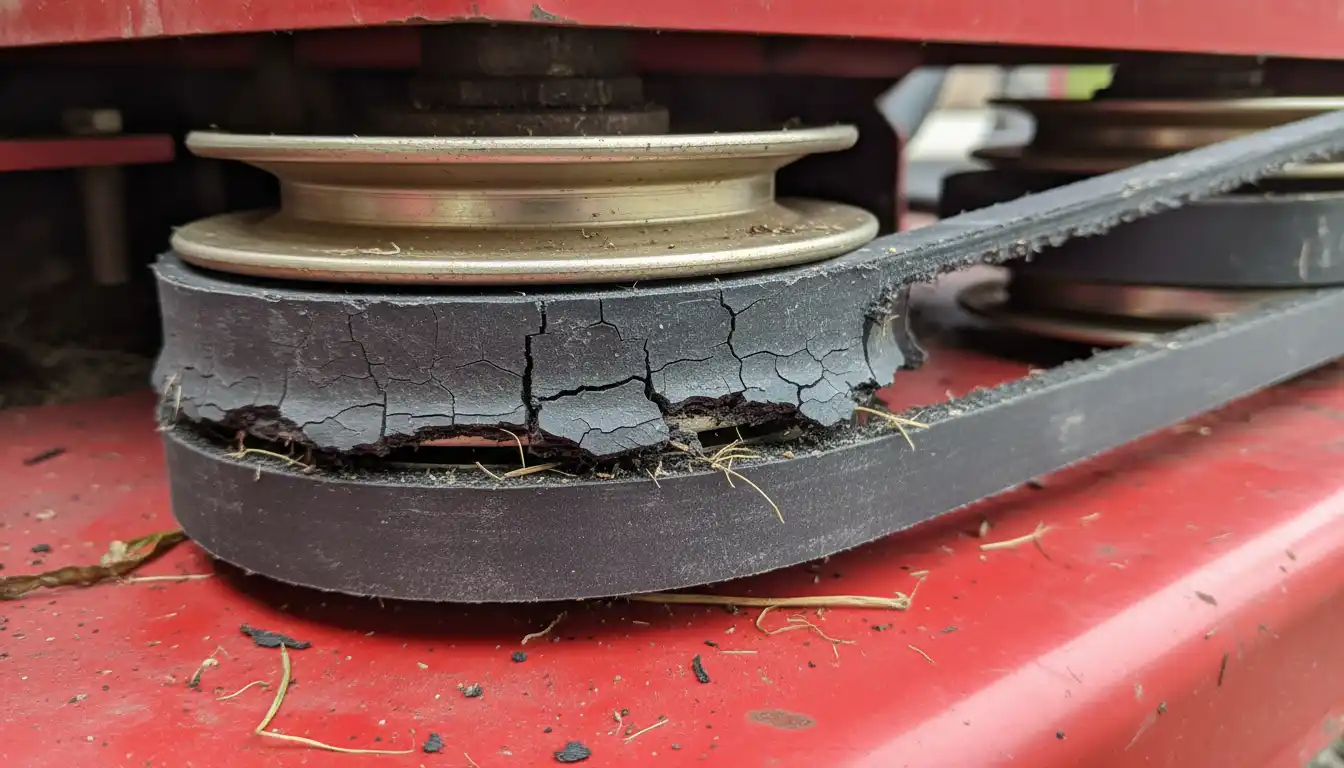 Close-up of a worn and cracked black rubber drive belt on the pulley system of a red lawn tractor deck.