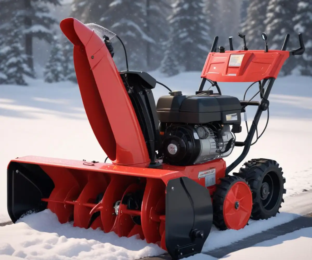 A red two-stage gas powered snow blower with black handles and wheels on a solid background.