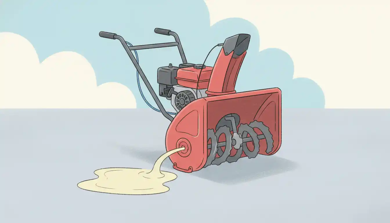 Red snowblower with gasoline leaking from the fuel line onto a clean concrete floor.