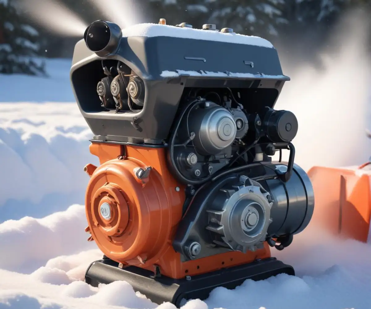 A close-up of a snowblower engine, showing a new spark plug next to the ignition coil.