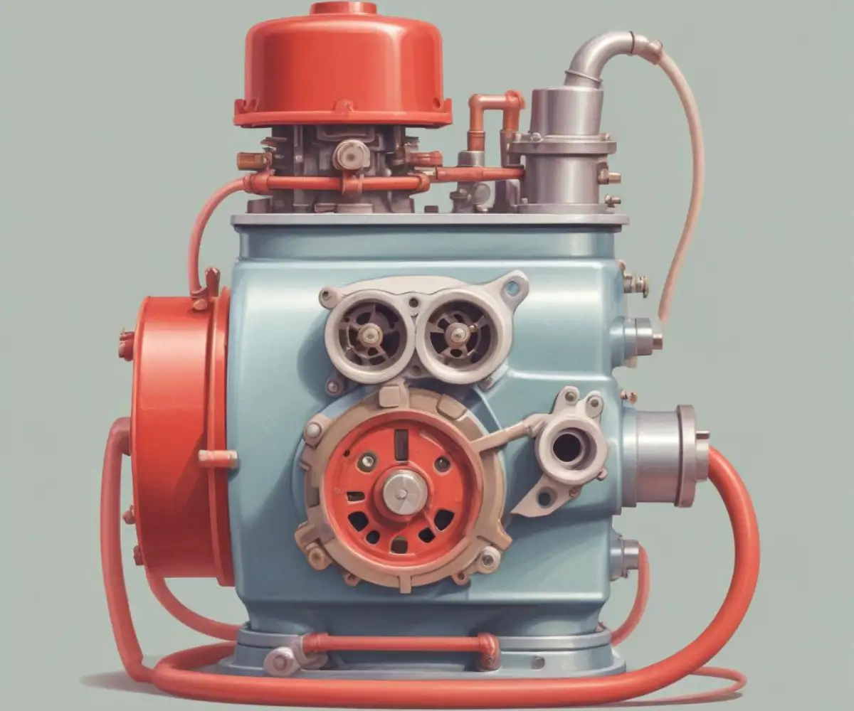 Close-up of a snowblower engine carburetor and red fuel line.