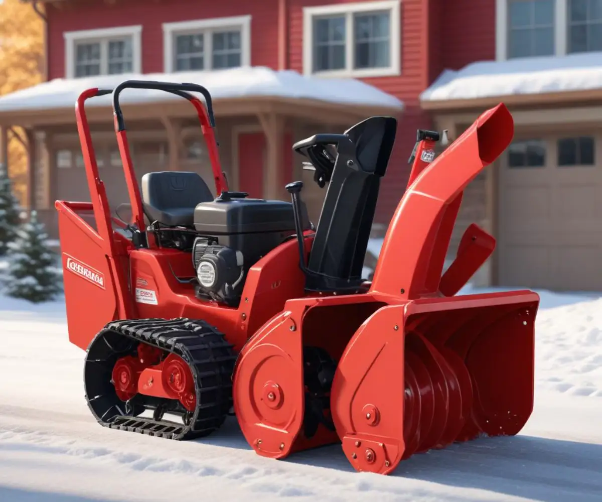 A red Craftsman two-stage snowblower parked on a clean, paved surface, shown from a side angle highlighting the engine and auger housing.