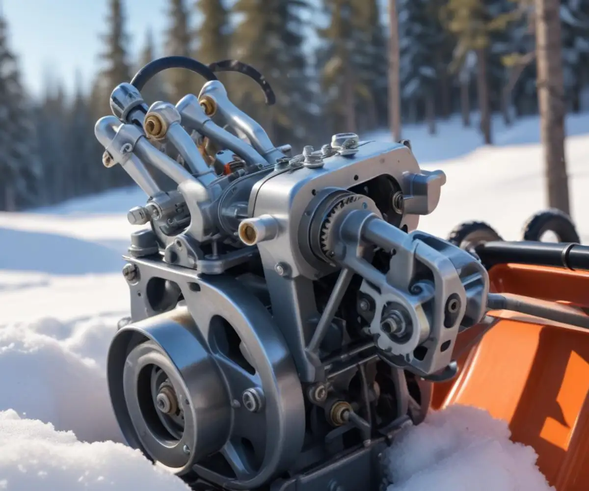 Close-up of a metal throttle linkage assembly with springs on a snowblower engine.