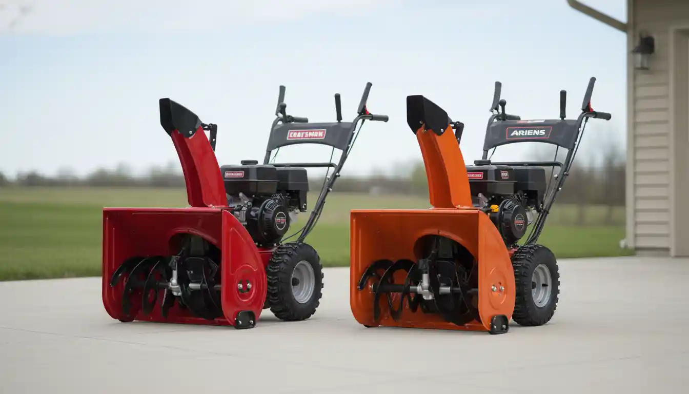 A red and an orange snowblower parked side-by-side on a clean driveway.