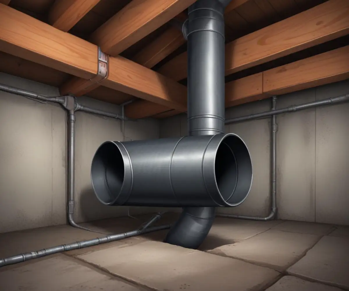A rigid metal dryer vent pipe running through a dark crawl space, secured with metal straps to the floor joists above.