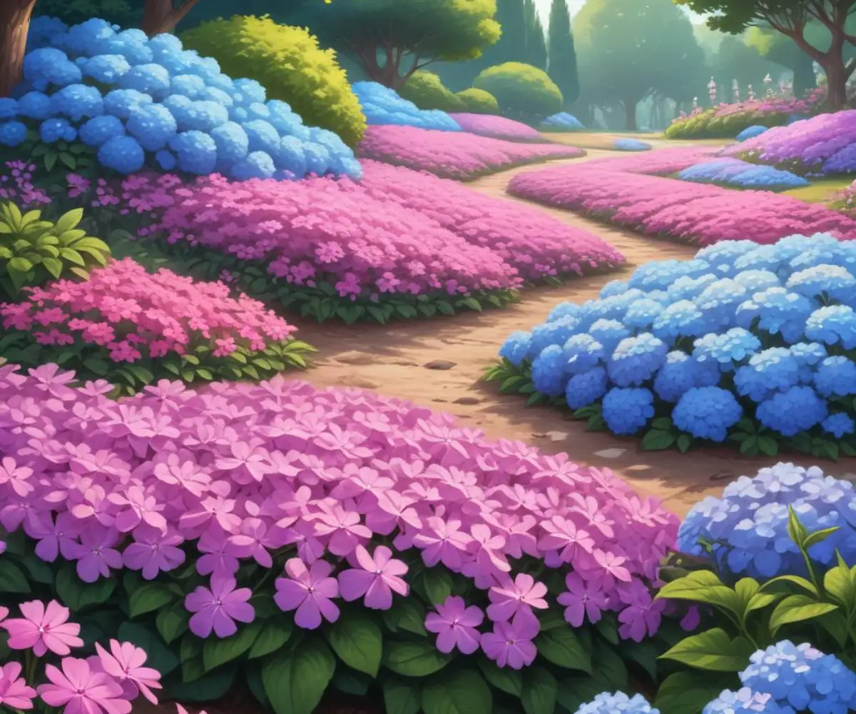 A lush garden bed with vibrant pink creeping phlox covering the ground in front of large blue hydrangea bushes.