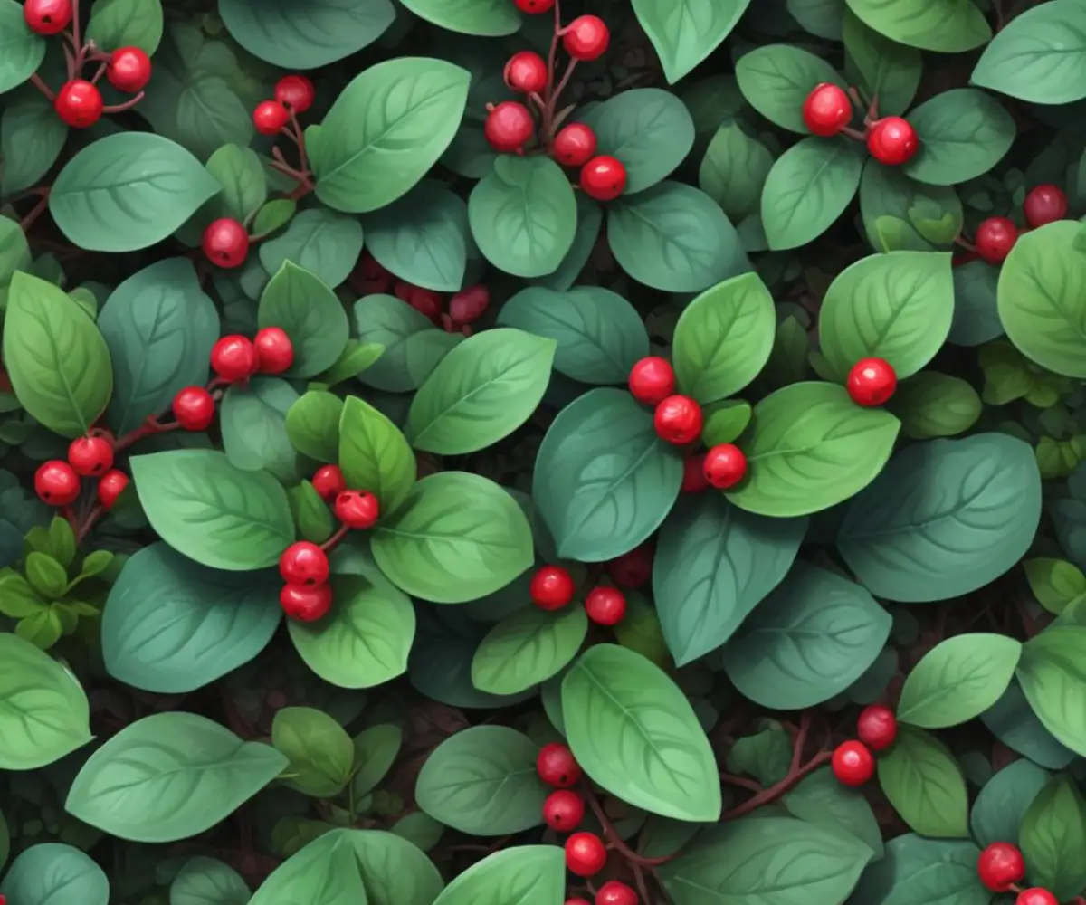A low-growing creeping wintergreen groundcover with glossy, dark green oval leaves and bright red berries.