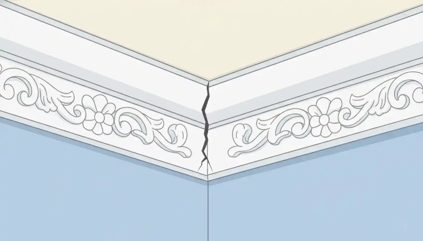 Close-up of a cracked seam in white ornate crown molding at the junction of a wall and ceiling.