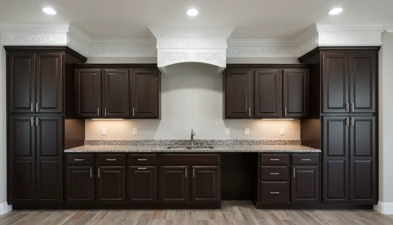 Ornate white crown molding installed on top of dark kitchen cabinets, with a noticeable gap between the molding and the ceiling.