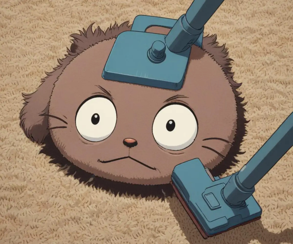 Close-up of vacuum cleaner head on a textured, plush carpet with visible stiff fibers.