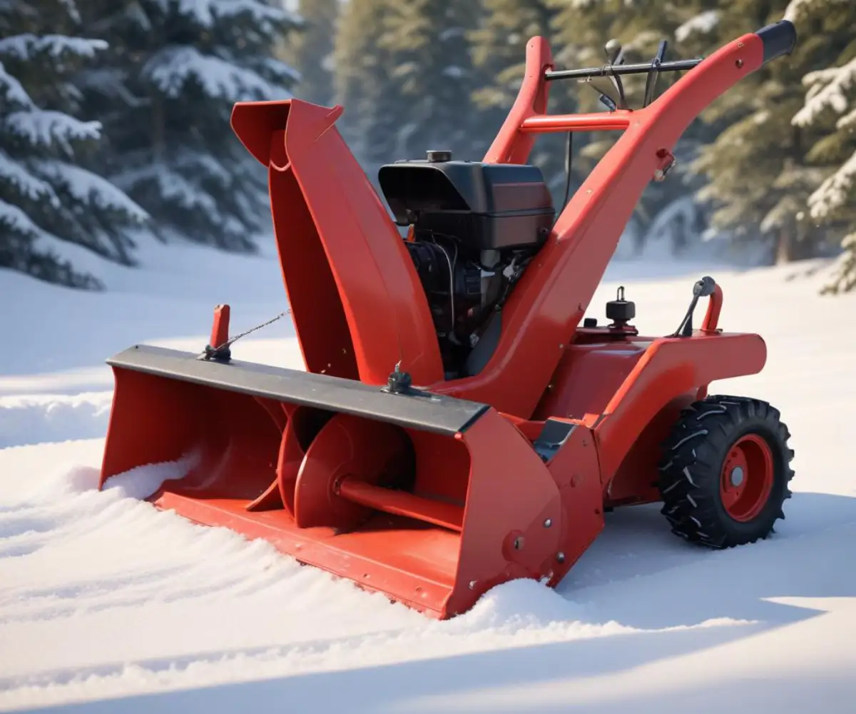 Close-up of a red snow blower auger assembly showing the placement of a shear pin and cotter pin.