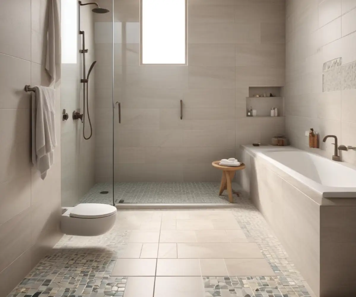 A seamless, zero-entry transition between a bathroom's large format tile floor and a curbless shower with smaller, sloped mosaic tiles leading to a linear drain.