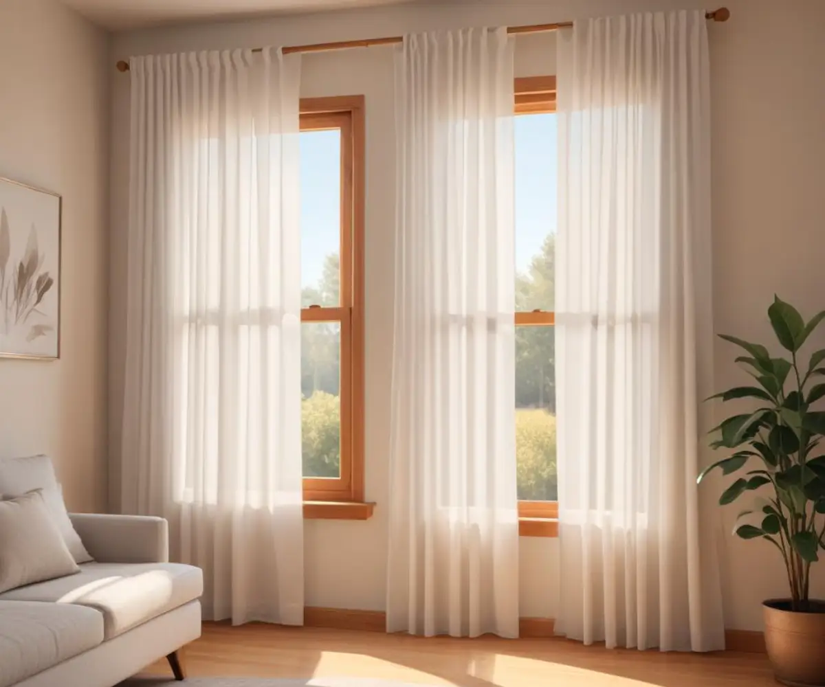 A sunlit window dressed with elegant white curtains layered over natural wood blinds, creating a soft and textured look in a well-lit room.