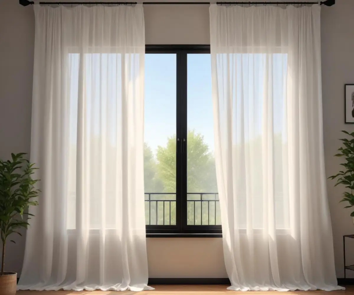 Elegant sheer white curtains hanging on a black metal rod in front of a large, sunlit window.