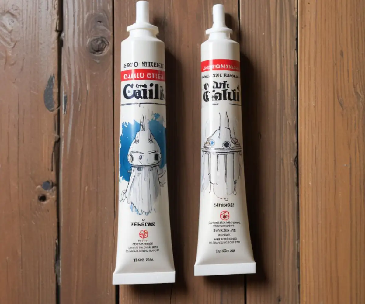 A white tube of caulk with a nozzle that has been cut too wide, placed on a weathered wooden surface.