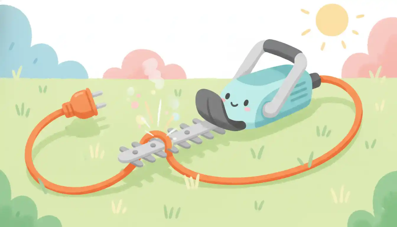 A bright orange extension cord lying in green grass, severed in two by a hedge trimmer blade.