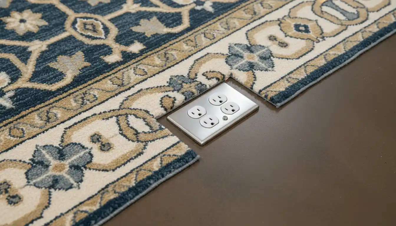 A close-up view of a clean, precise cut in a patterned area rug, perfectly shaped to fit around a floor-mounted electrical outlet cover.