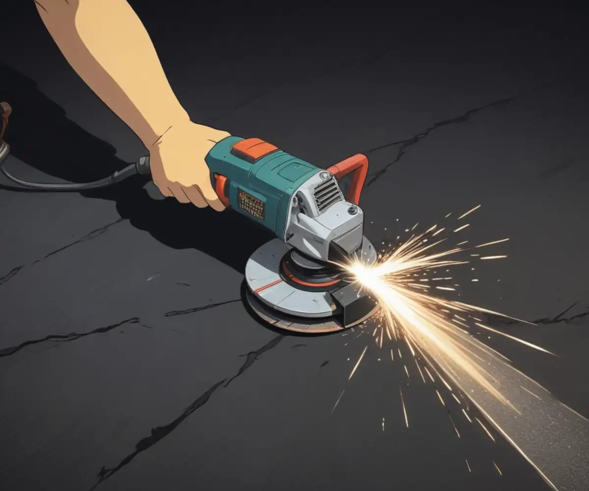An angle grinder with a diamond blade cutting a clean line through a dark asphalt surface.