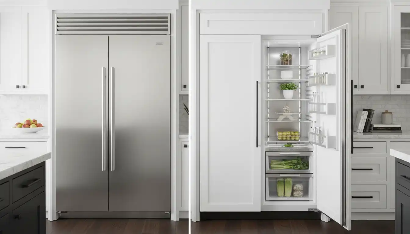 A stainless steel, built-in Dacor refrigerator showcased next to a panel-ready, integrated Thermador refrigerator in a custom kitchen.
