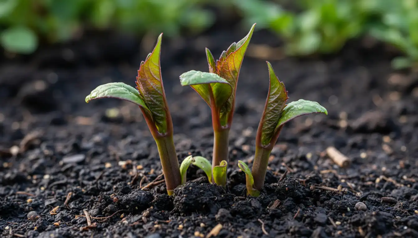 Close-up of vibrant green and red dahlia shoots emerging from dark, rich garden soil.