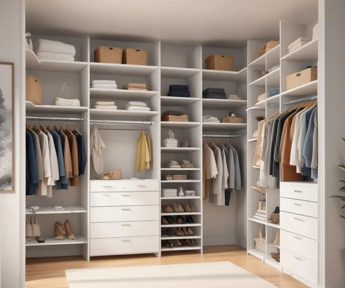 A custom walk-in closet system with white shelves, drawers, and metal hanging rods.