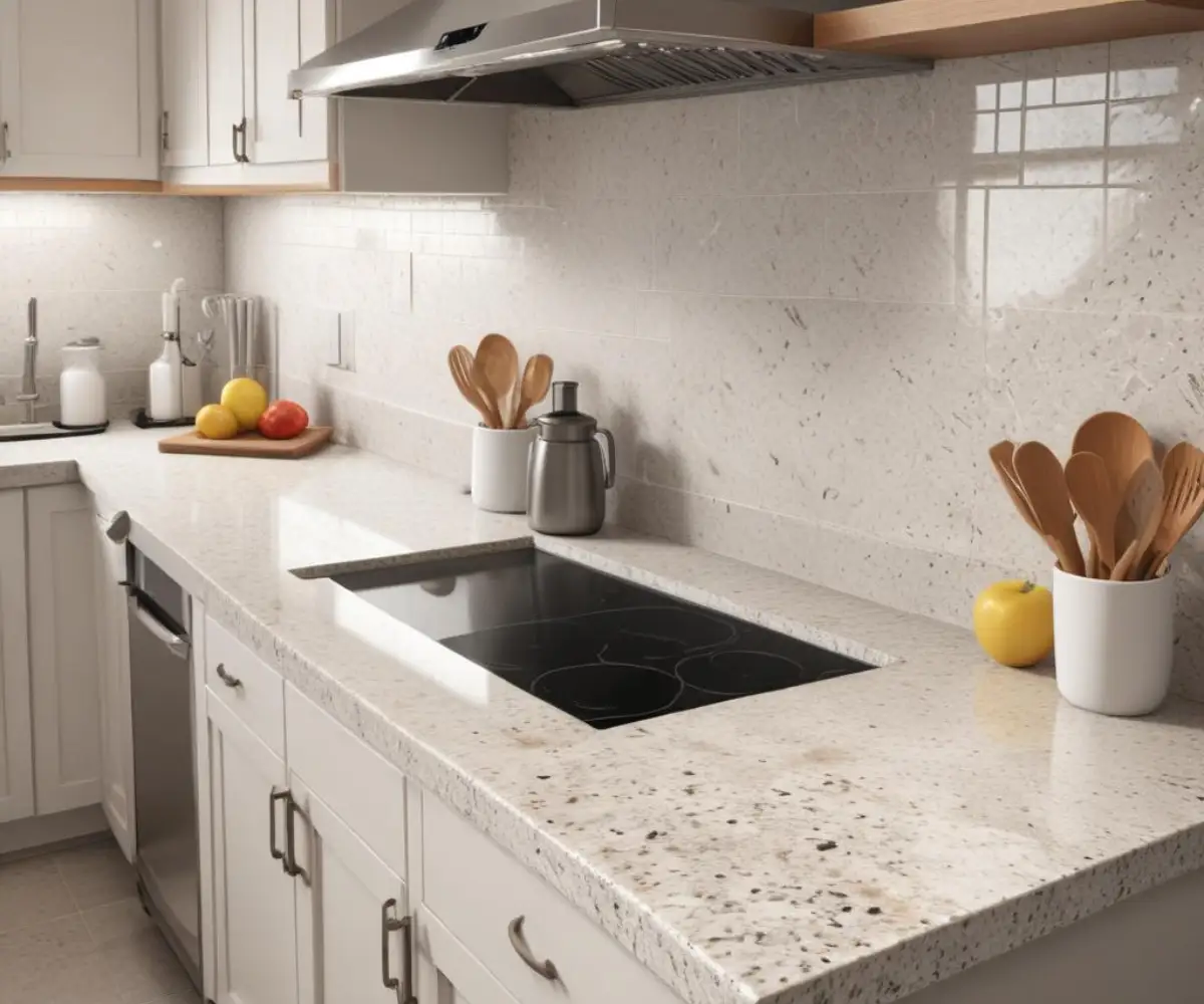 A kitchen countertop made of dallas white granite with a complementary neutral-toned tile backsplash.