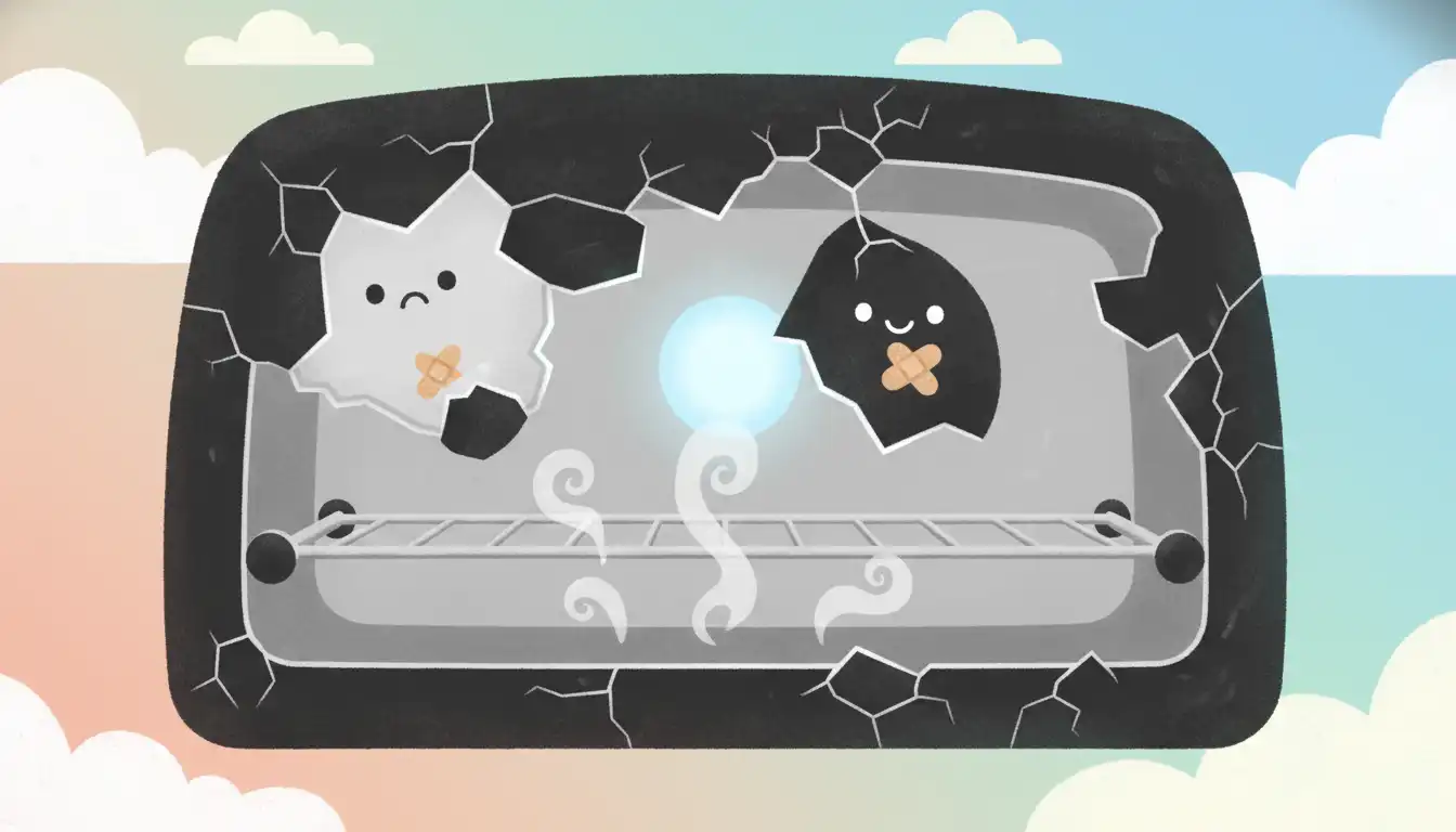 Cracked and peeling black enamel coating on the interior surface of a modern oven.